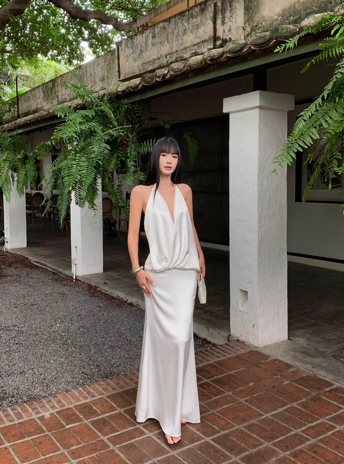 Sexy Halter V Neck White A Line Long Party Dress Formal Backless Evening Gown