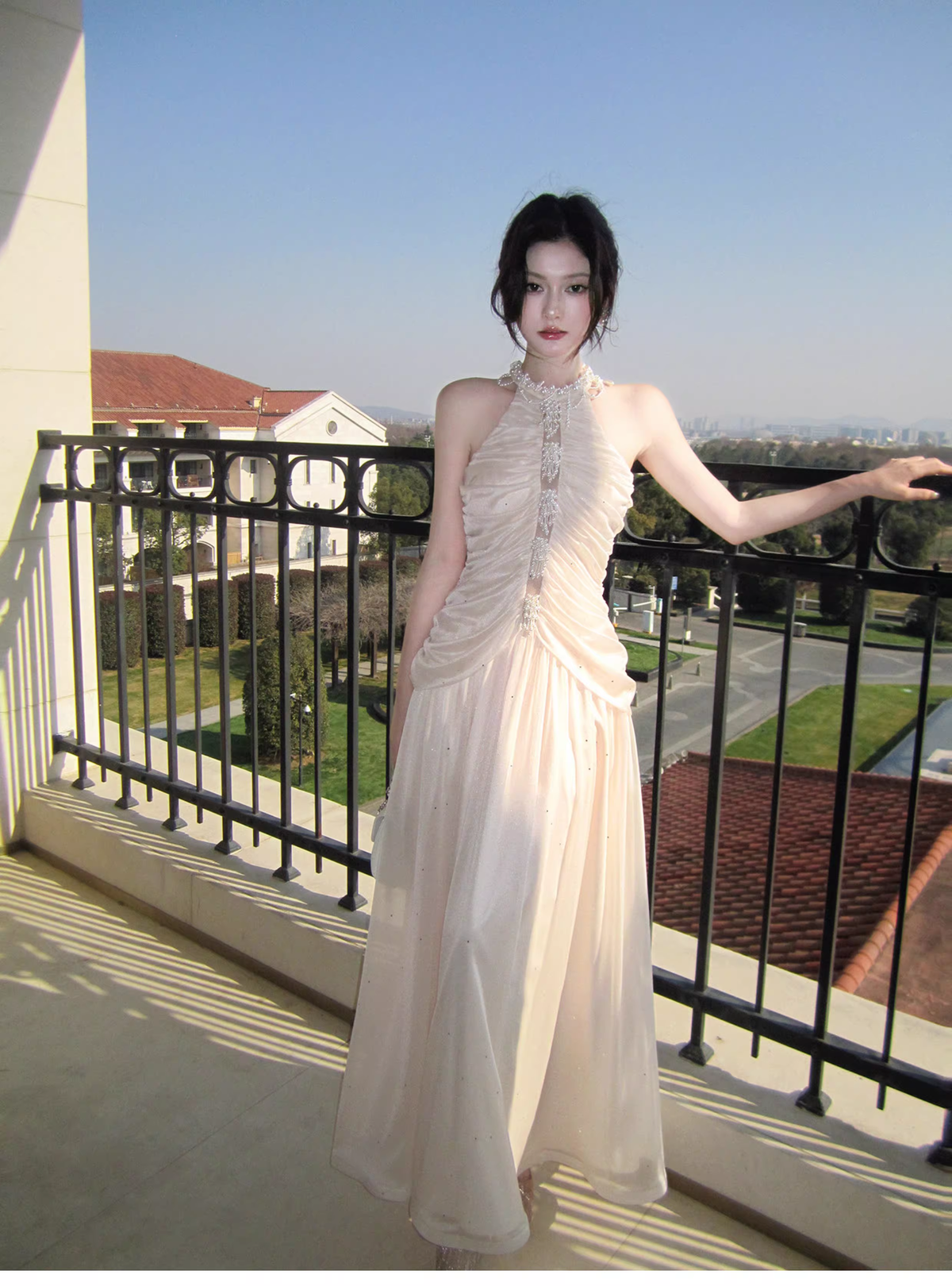 Elegant Pink Halter Tulle Sequin Beaded Mermaid Long Birthday Party Dress Formal Wedding Guest Dress SP1503