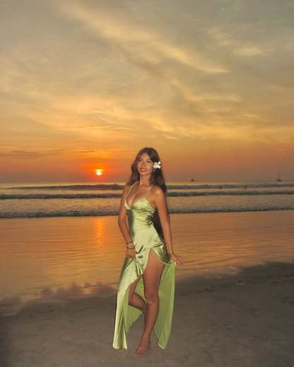 Simple Green Halter Satin Slit A Line Long Party Dress Evening Gown