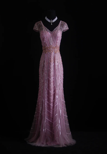 Gorgeous Pink V Neck Tulle Sequin Beaded Mermaid Evening Dress Prom Gown