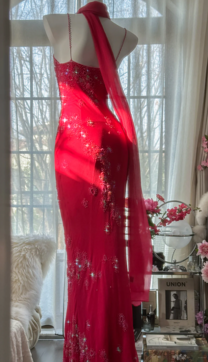 Pretty Red Spaghetti Straps Chiffon Beaded Mermaid Evening Dress Long Birthday Party Dress Prom Gown