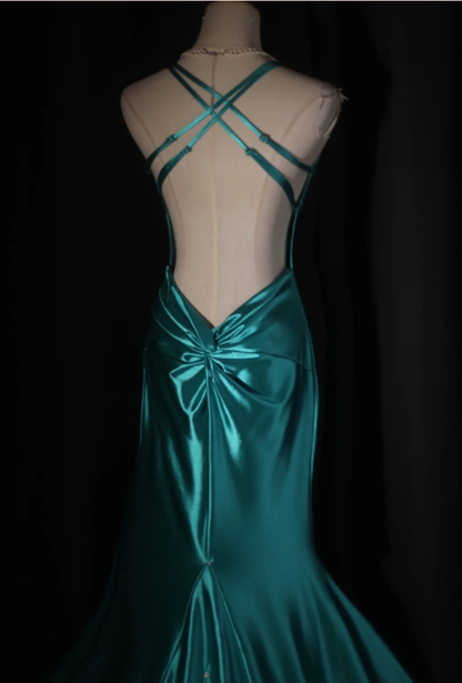 Sexy Green V Neck Satin Mermaid Long Party Dress Backless Wedding Guest Dress D2327