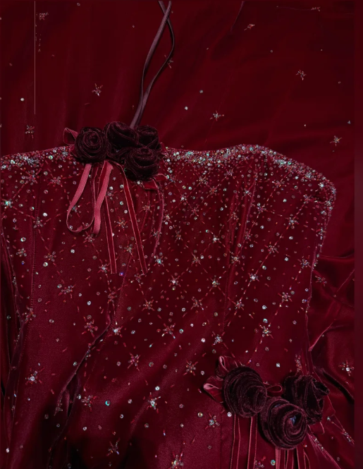 Pretty Burgundy Strapless Velvet Beaded Long Birthday Party Dress Evening Dress D2040