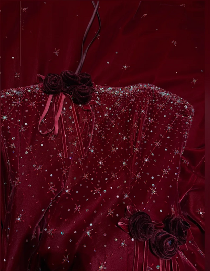 Pretty Burgundy Strapless Velvet Beaded Long Birthday Party Dress Evening Dress D2040