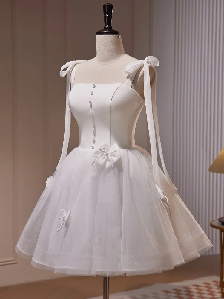 Elegant Spaghetti Straps Tulle Satin A Line White Short 21st Birthday Outfits Homecoming Dress D596