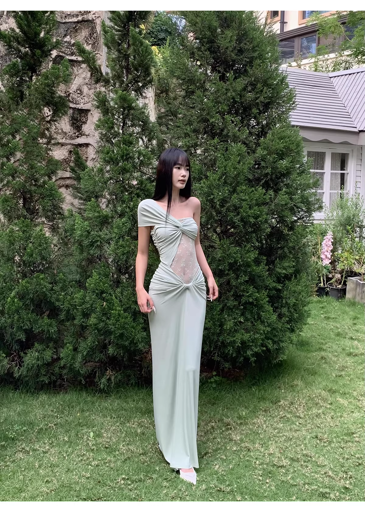 Elegant Pea Green Shoulder Satin Lace Mermaid Long Wedding Guest Dress Formal Evening Dress Prom Dress D2080