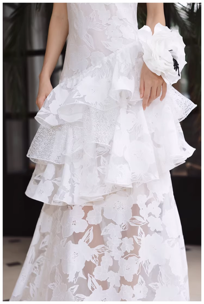 Fairy Spaghetti Strap White Lace Ruffle Layered Mermaid Long Prom Dress Evening Gowns