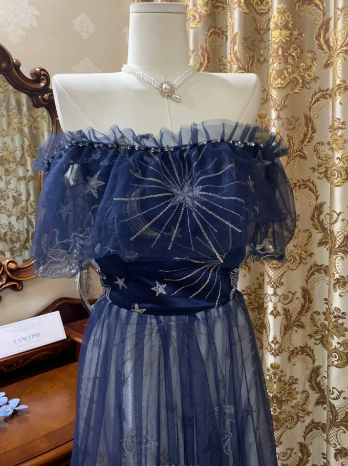 Glamorous Off The Shoulder Tulle A Line Long Wedding Guest Dress Navy Blue Birthday Prom Dress Evening Gown SP1609