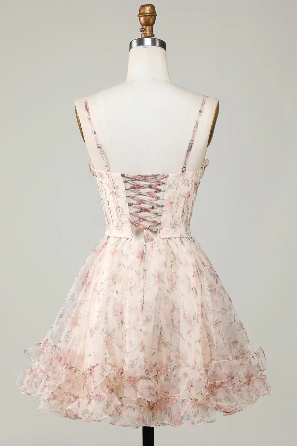 New Fashion Champagne Floral Design A-line Corset Spaghetti Strap Short Homecoming Dress, D1363