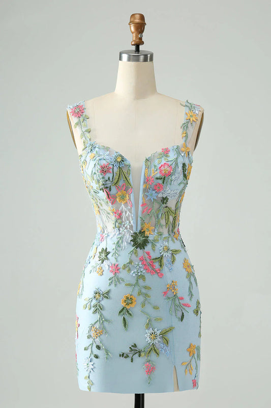 New Fashion Floral Embroidery Design A-line Strap Short Homecoming Dress, D1364