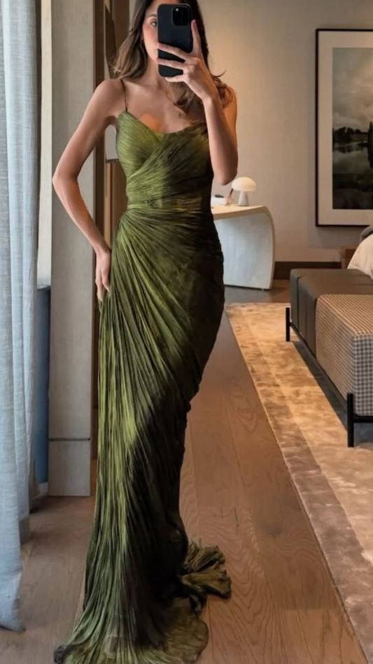 Vintage Spaghetti Straps Green Tulle Pleated Mermaid Long Party Dress Formal Guest Dress D828