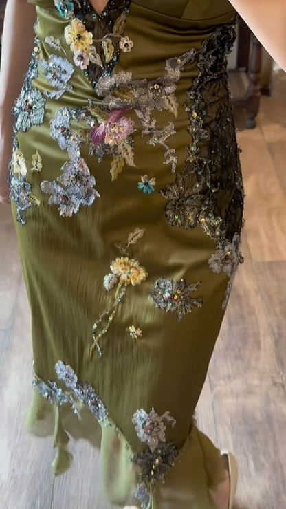 Vintage Green V Neck Chiffon Beaded Appliques Mermaid Prom Gown Long Party Dress SP854