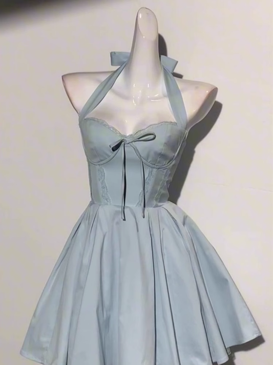 Blue Halter Neck A Line Short Birthday Dress Homecoming Dress  S215