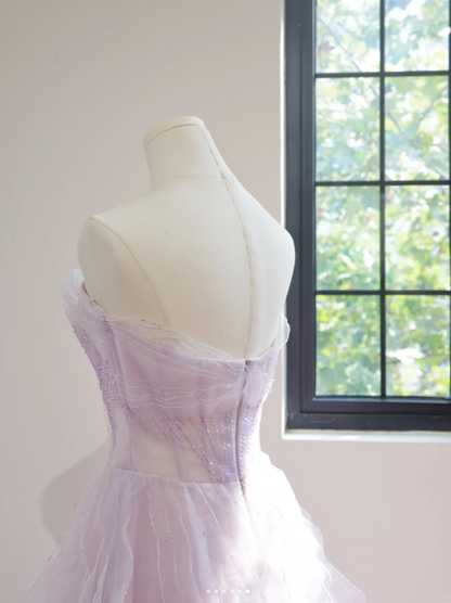 Classy Strapless Lilac Beaded Tulle Ruffles Long Birthday Prom Dress Formal Party Dress D2162