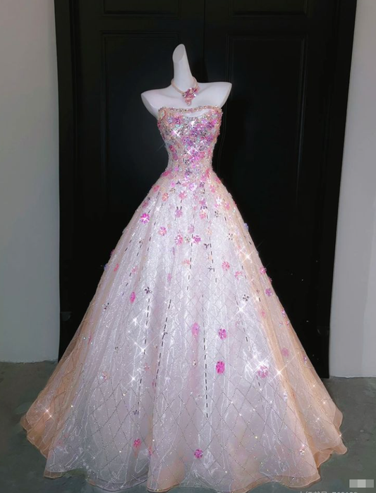 Pretty Strapless Pink Tulle Sequin Beaded Long Party Dress Prom Gown