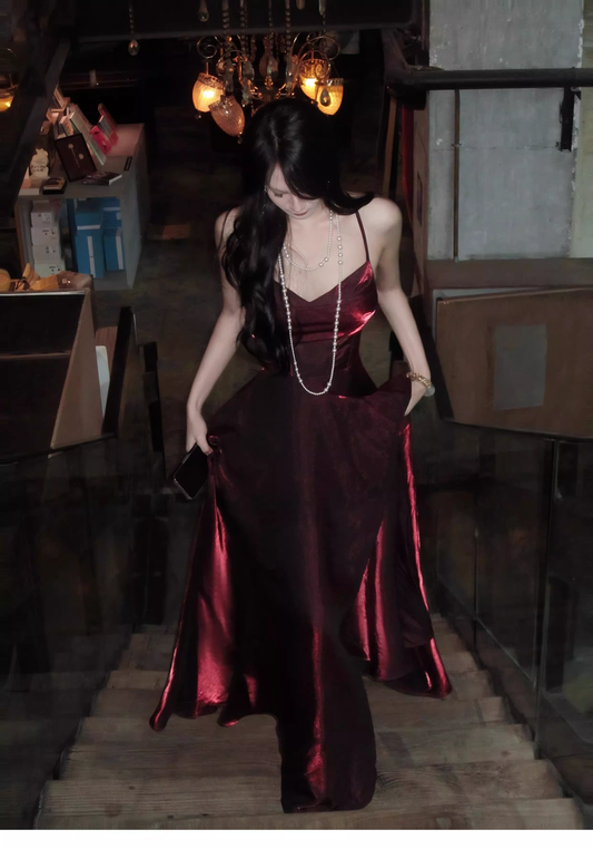 Elegant Burgundy V Neck Satin A Line Long Party Dress Birthday Dress SP1987