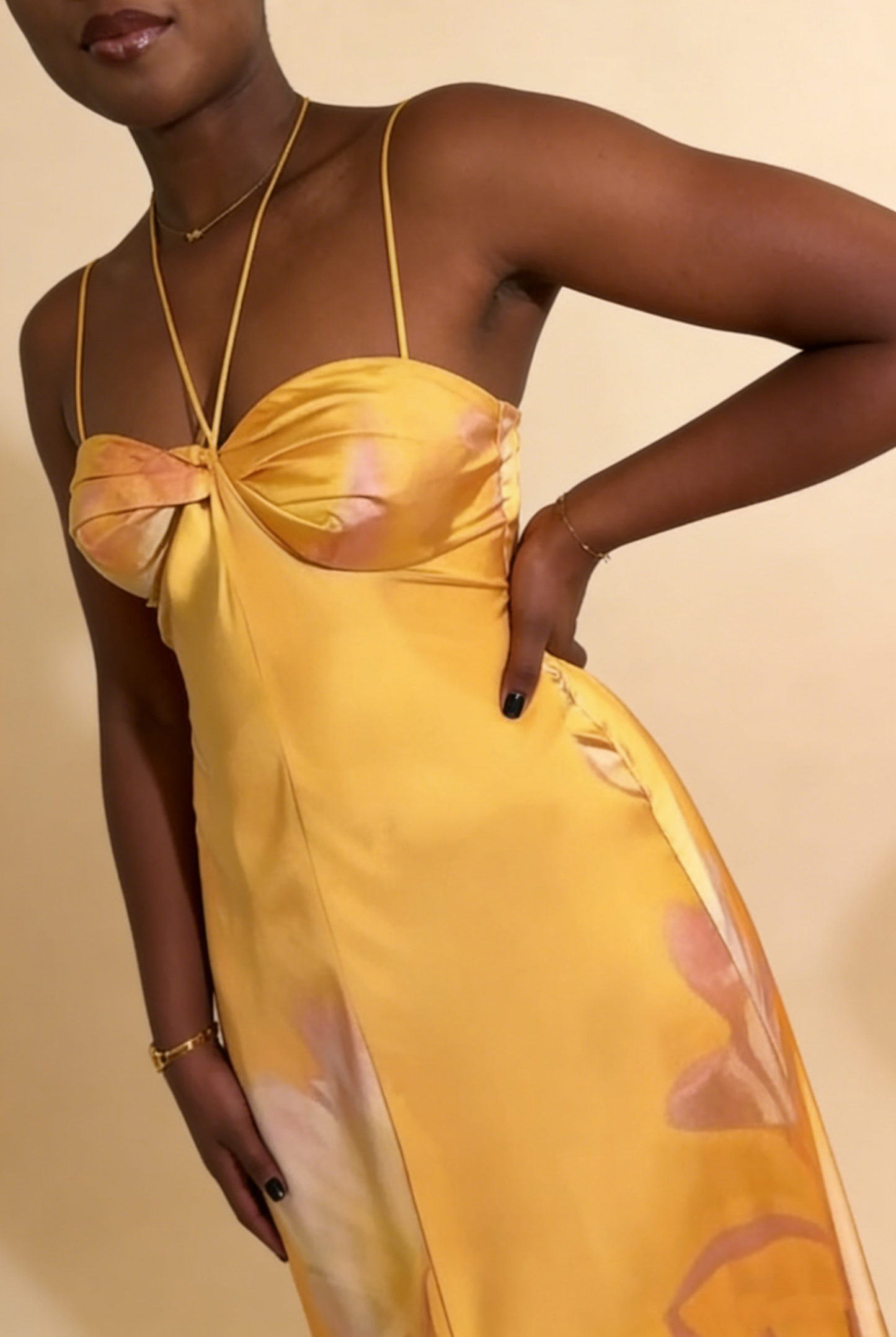 Yellow A-Line Halter Satin Long Party Dress Wedding Guest Dress, D187
