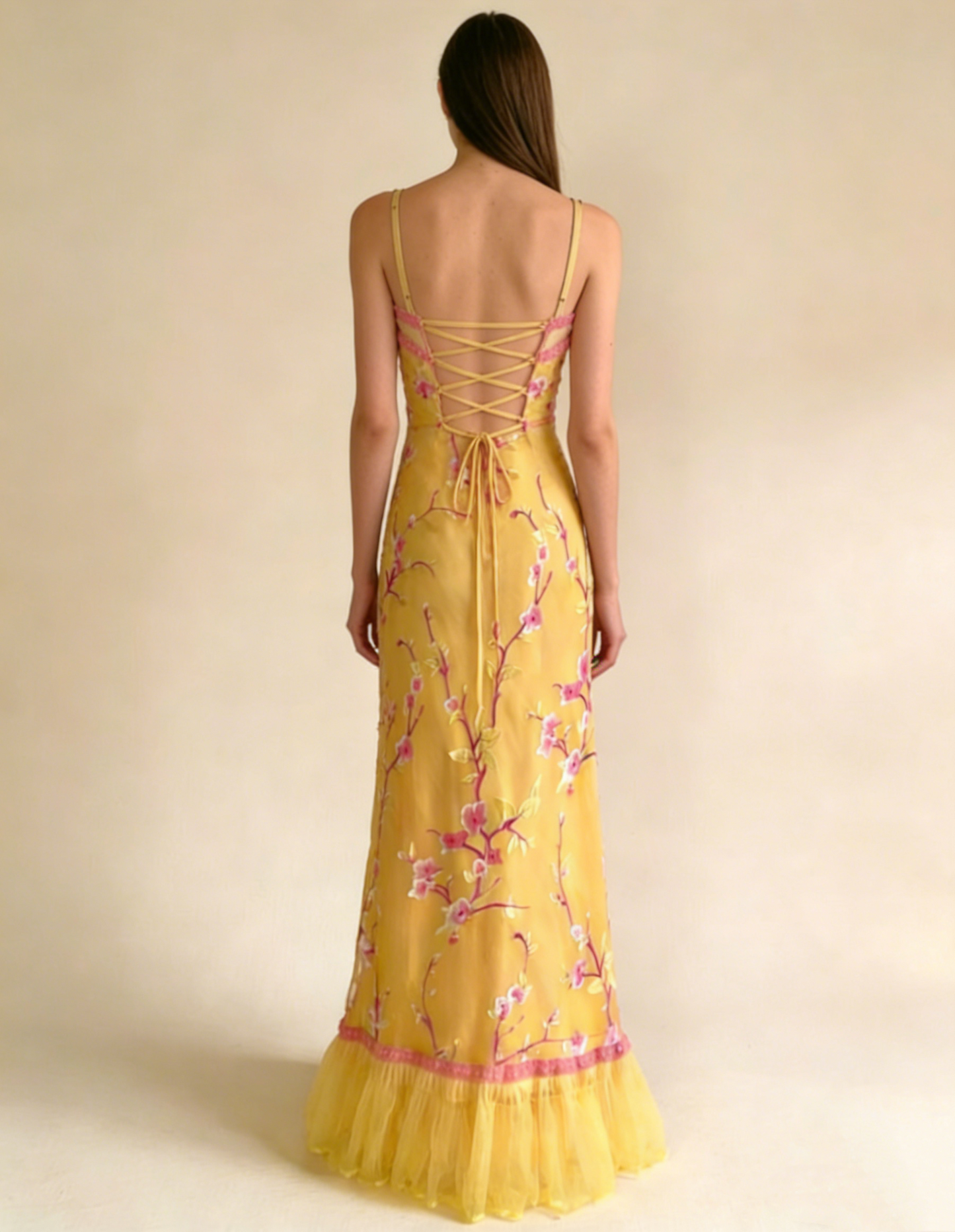 Yellow Spaghetti Straps Sheath Chiffon Long Party Dresses Wedding Guest Dresses, D1020