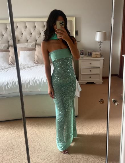 Sparkly Strapless Green Sequin Mermaid Prom Dress Long Party Gown With Ribbon