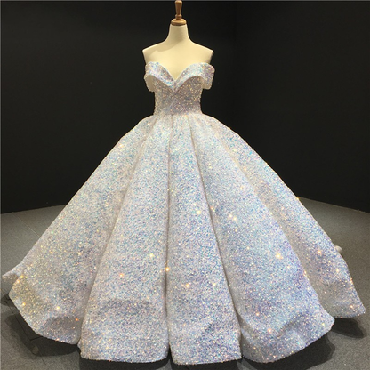 Sparkly Sweetheart Off The Shoulder Ball Gown Wedding Dresses | Sequin Puffy Bridal Gown c3259