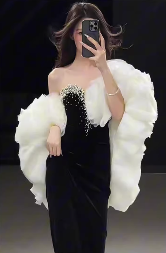 Gorgeous Strapless Black Velvet Beaded Mermaid Long Prom Dress Birthday Party Dress D2217