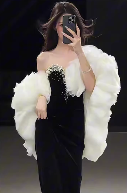 Gorgeous Strapless Black Velvet Beaded Mermaid Long Prom Dress Birthday Party Dress D2217