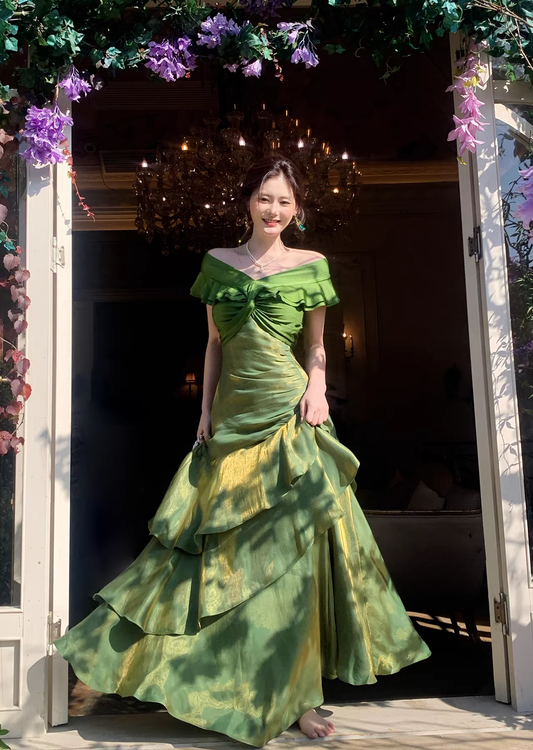 Glamorous Off The Shoulder Green Satin Ruffles Layered Mermaid Evening Dress Long Birthday Outfits SP1644