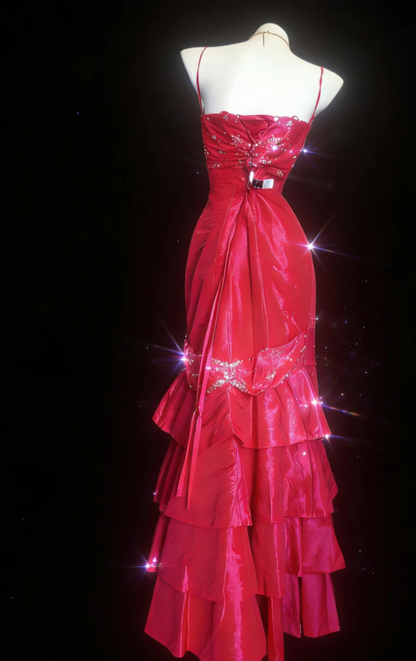 Charming Satin Pleated Beaded Layered Mermaid Long Prom Dress Formal Birthday Party Gown SP1590