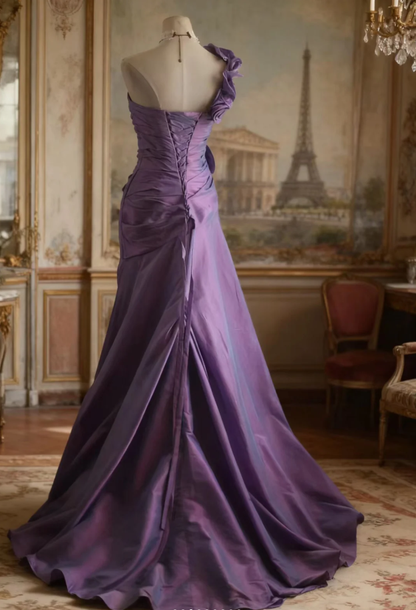 Elegant Purple One Shoulder Satin Floral Mermaid Long Party Dress Formal Wedding Guest Dress D2312