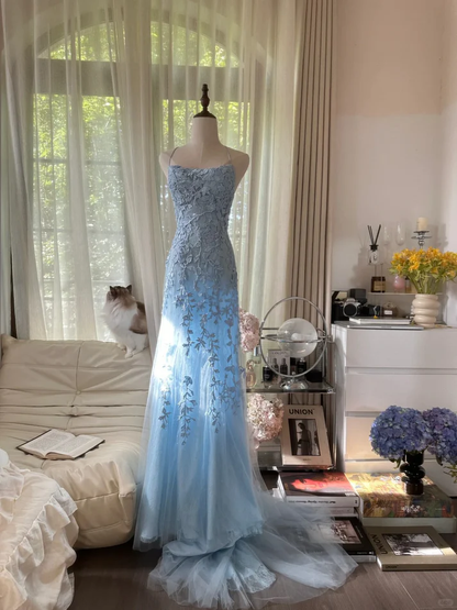 Classy Sky Blue Tulle Appliques Mermaid Long Wedding Guest Dress Evening Dresses D1915