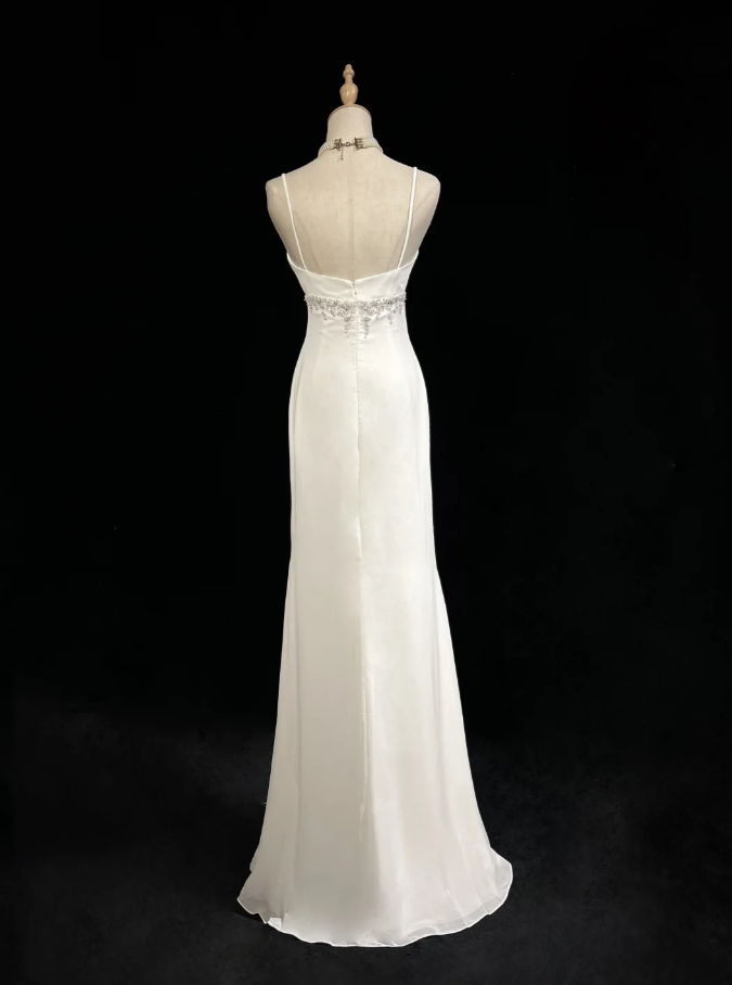 Classy Spaghetti Strap White Tulle Satin Beaded Mermaid Evening Dress Long Wedding Guest Dress D1850