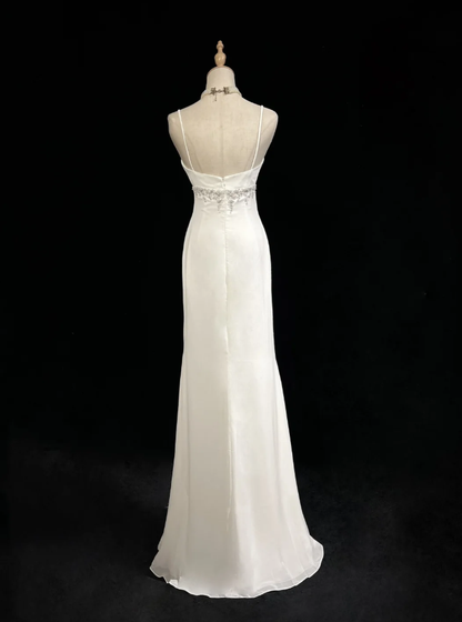 Classy Spaghetti Strap White Tulle Satin Beaded Mermaid Evening Dress Long Wedding Guest Dress D1850
