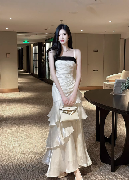Charming Spaghetti Straps Satin Pleated Ruffles Mermaid Long Party Dress Birthday Prom Dress SP2009