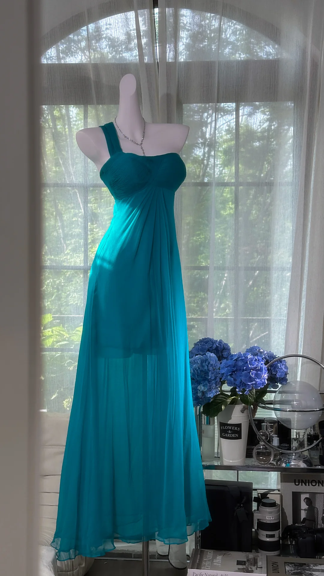Elegant One Shoulder Blue Chiffon Long Prom Dress Formal Party Gown