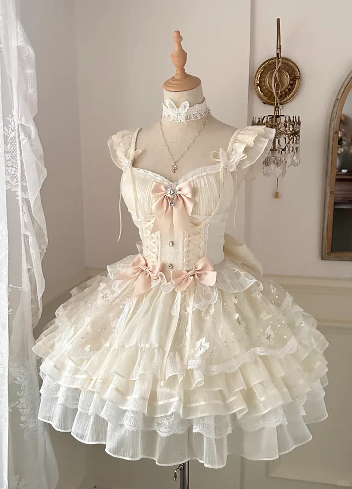 Vintage Beige Sweetheart Bow Lace-up Design A-line Tulle Tiered Party Dress Homecoming Dress D1518