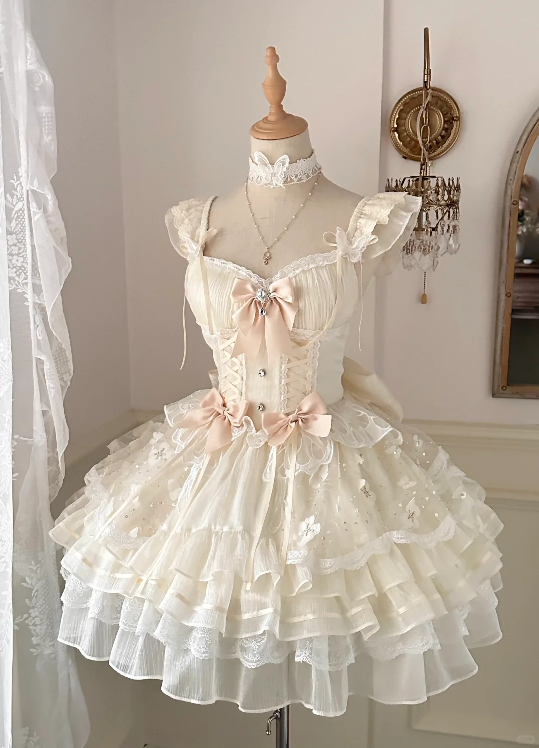 Elegant Light Champagne Tulle Layered Mini Birthday Outfits Cute Graduation Homecoming Dress S409