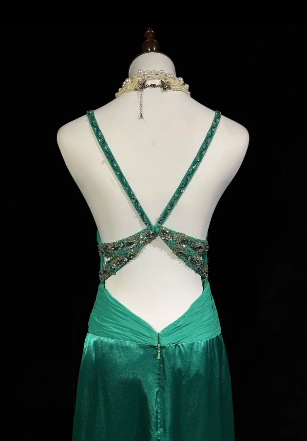 Elegant V Neck Green Satin Beaded Mermaid Long Wedding Guest Dress Formal Birthday Party Dress D1992
