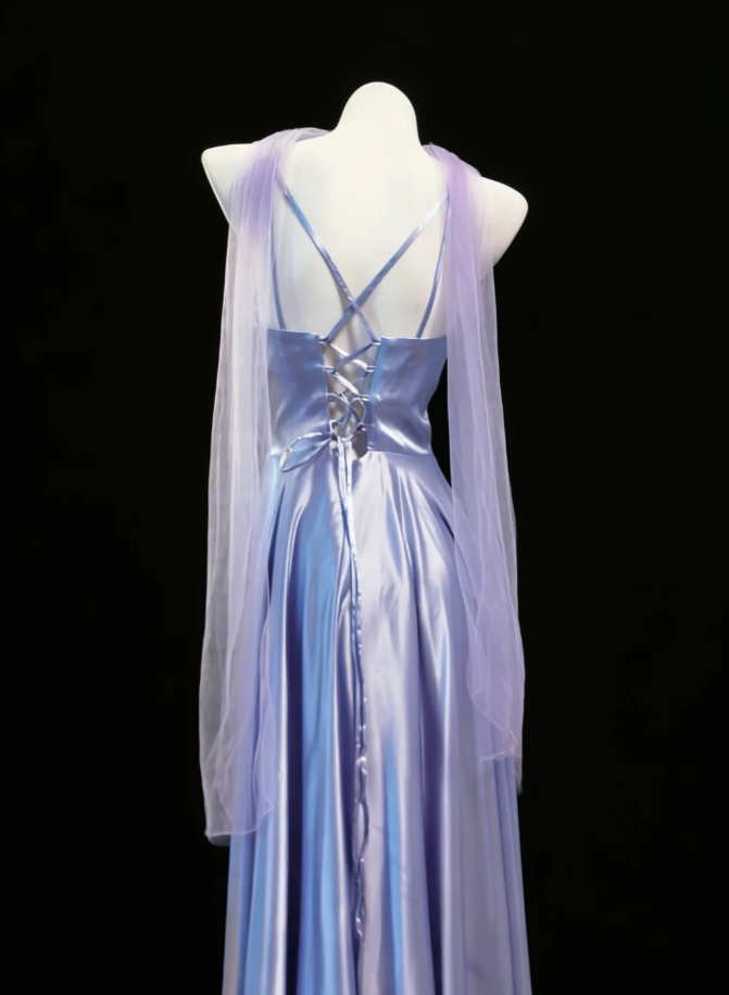 Classy Spaghetti Strap Purple V Neck Satin A Line Birthday Party Dress Long Wedding Guest Dress With Ribbon SP1578