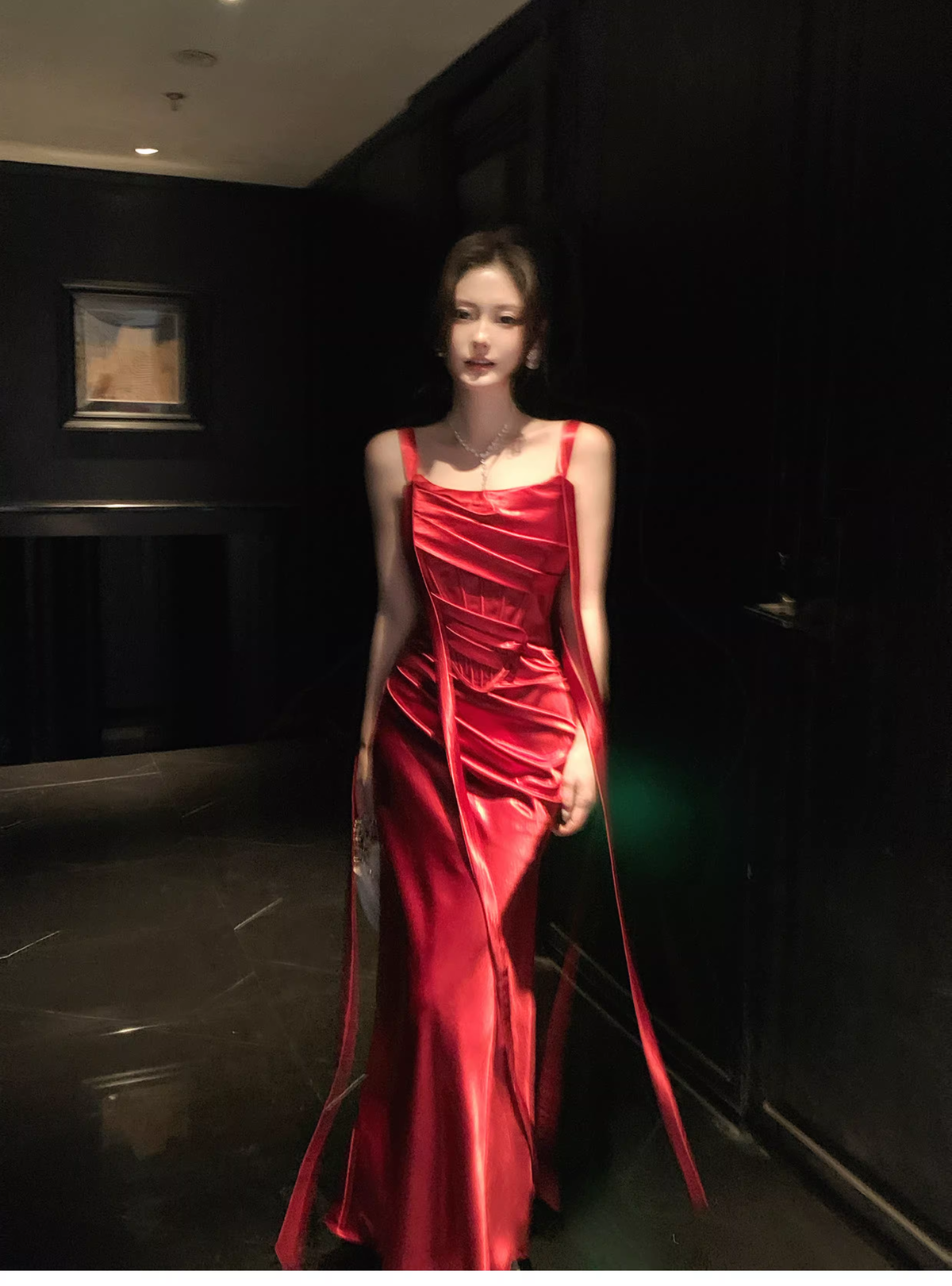 Charming Spaghetti Straps Red Satin Pleated Mermaid Long Wedding Guest Dress Party Dress SP1504