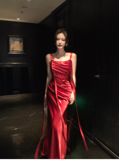 Charming Spaghetti Straps Red Satin Pleated Mermaid Long Wedding Guest Dress Party Dress SP1504