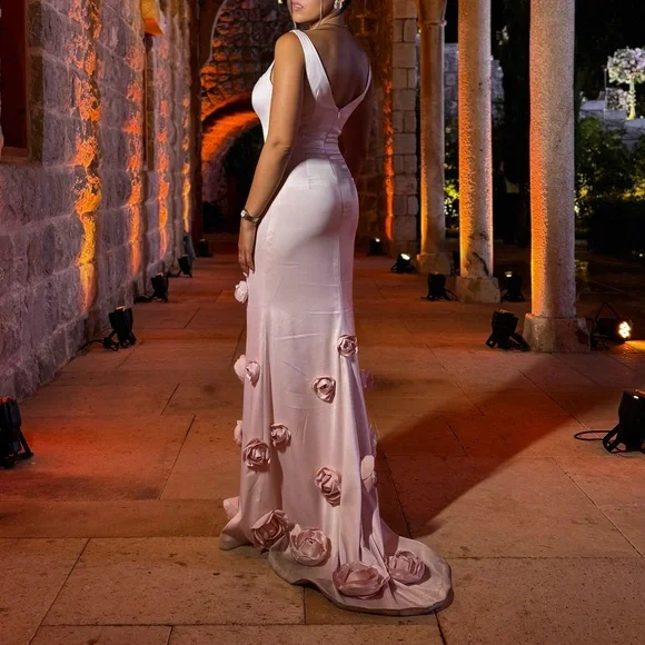Pretty Pink Satin 3D Rose Flowers Mermaid Party Dress Long Evening Gown
