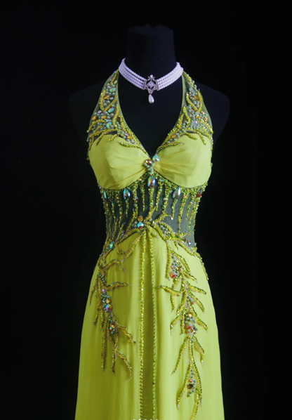 Chic Green Halter V Neck Satin Chiffon Beaded Mermaid Long Party Dress Evening Gown