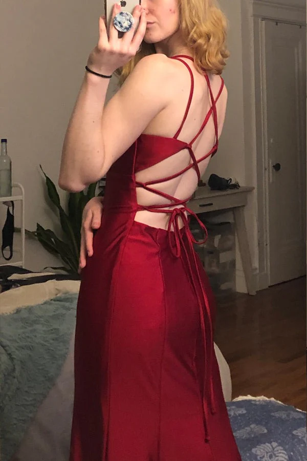 Burgundy mermaid long prom dress spaghetti straps simple prom dress SD2217
