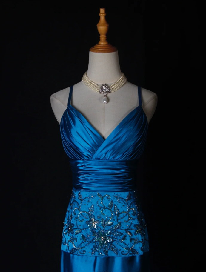 Stylish Spaghetti Straps Blue V Neck Satin Beaded Mermaid Long Evening Dress Birthday Dress D2278
