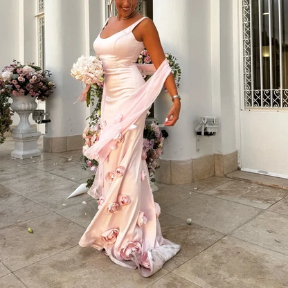 Pretty Pink Satin 3D Rose Flowers Mermaid Party Dress Long Evening Gown