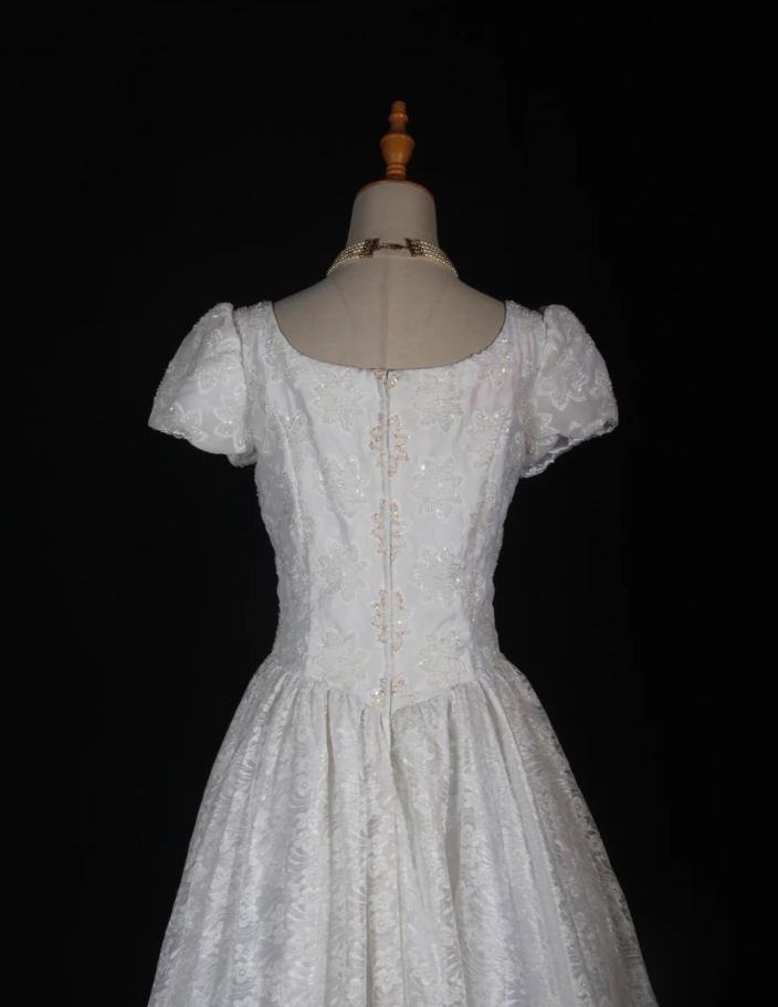 Pretty White Satin Beaded Floral Lace Ball Gown Formal Long Wedding Dress