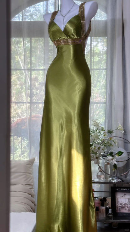 Vintage Olive Green V Neck Satin Backless Mermaid Party Dress Long Evening Dress D870