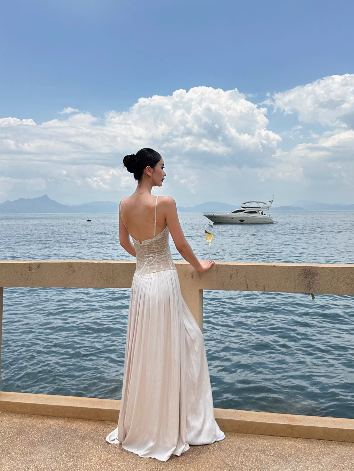 Unique Apricot Spaghetti Straps V Neck Lace Satin A Line Long Evening Dress Party Gown