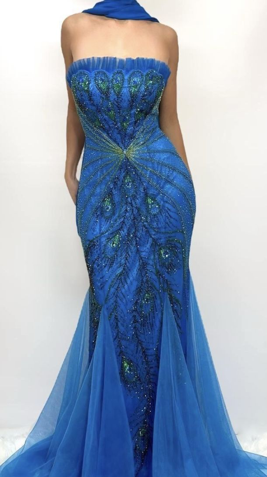 Gorgeous Blue Strapless Tulle Sequin Beaded Mermaid Evening Dress Formal Birthday Party Gown With Ribbon