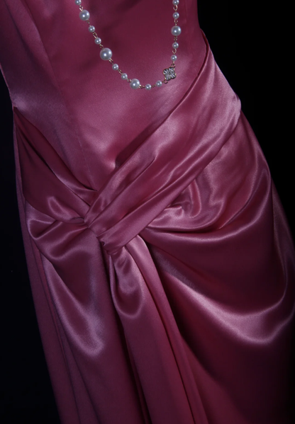 Elegant Pink Satin Pleated Mermaid Long Wedding Guest Dress Formal Party Dress D2008